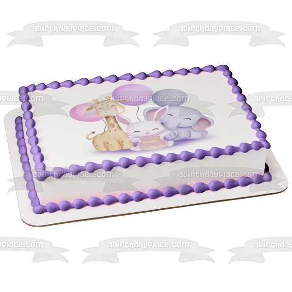 Pastel Animals Party Customizable Age Balloon Giraffe Bunny Rabbit Elephant Edible Cake Topper Image ABPID56858
