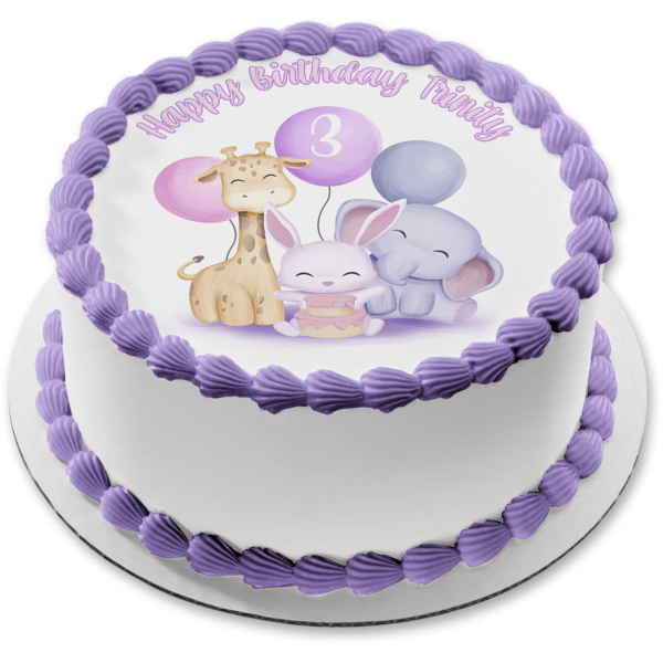 Pastel Animals Party Customizable Age Balloon Giraffe Bunny Rabbit Elephant Edible Cake Topper Image ABPID56858