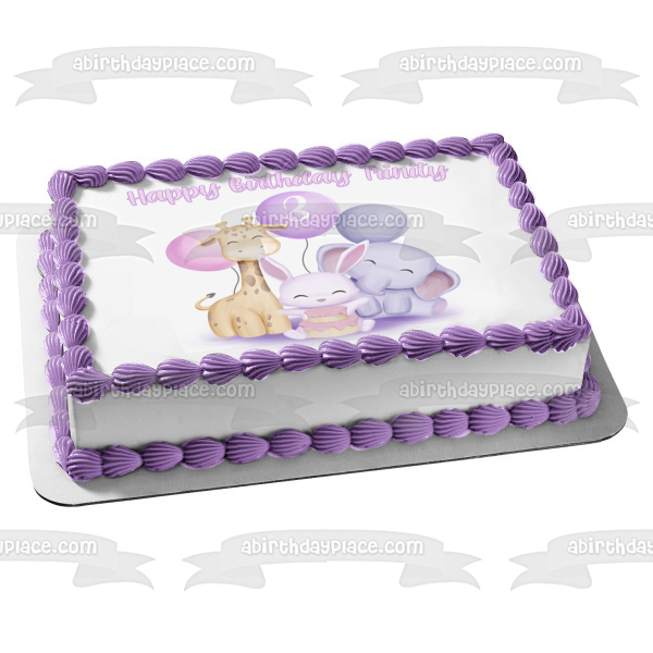Pastel Animals Party Customizable Age Balloon Giraffe Bunny Rabbit Elephant Edible Cake Topper Image ABPID56858