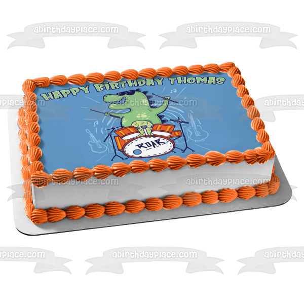 Rockosaurus Rex baterista banda de rock dinosaurio tiranosaurio T-Rex ilustración de dibujos animados decoración comestible para tarta imagen ABPID56861 