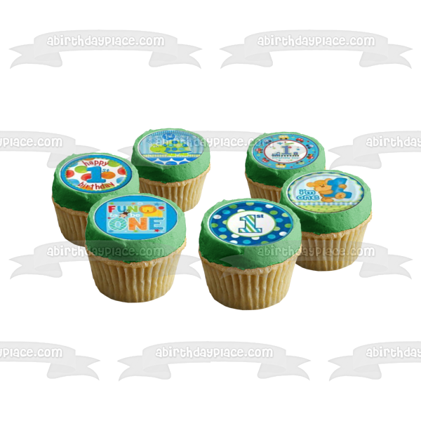 Happy 1st Birthday Boy Turtle Teddy Bears Balloons Edible Cupcake Topper Images ABPID06682