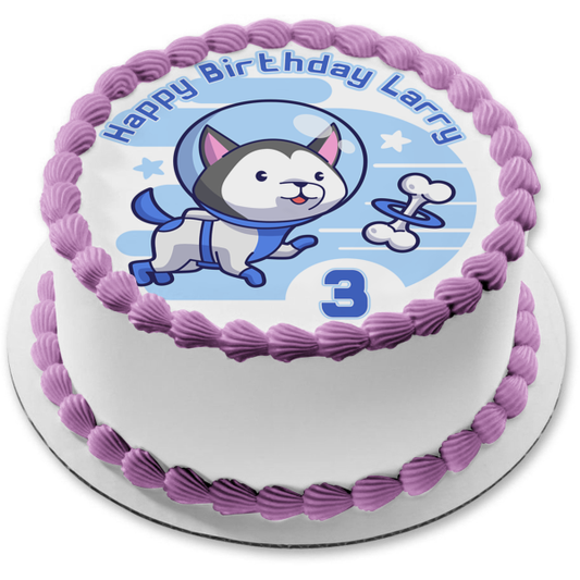 Space Husky Astronauta Perro Cachorro Hueso Nombre y Edad Personalizable Comestible Cake Topper Imagen ABPID56880 