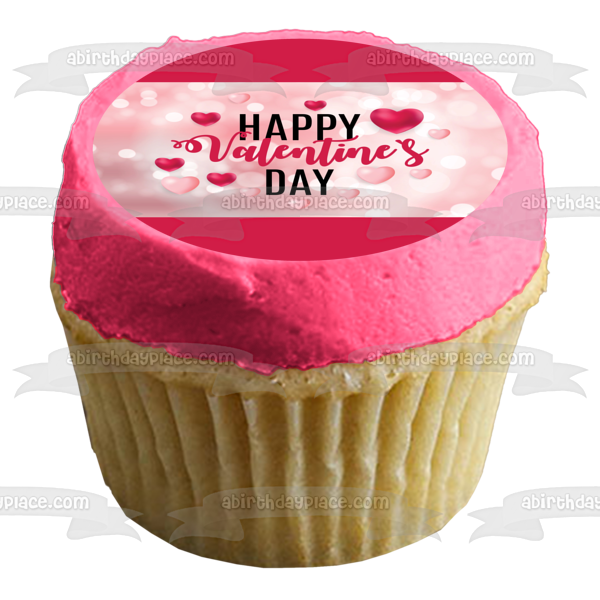 Happy Valentine's Day Pink and Dark Pink Hearts Edible Cake Topper Image ABPID57012