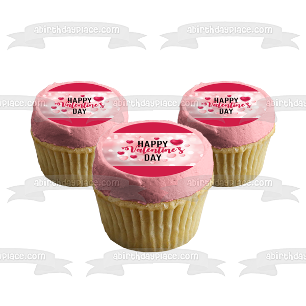 Happy Valentine's Day Pink and Dark Pink Hearts Edible Cake Topper Image ABPID57012