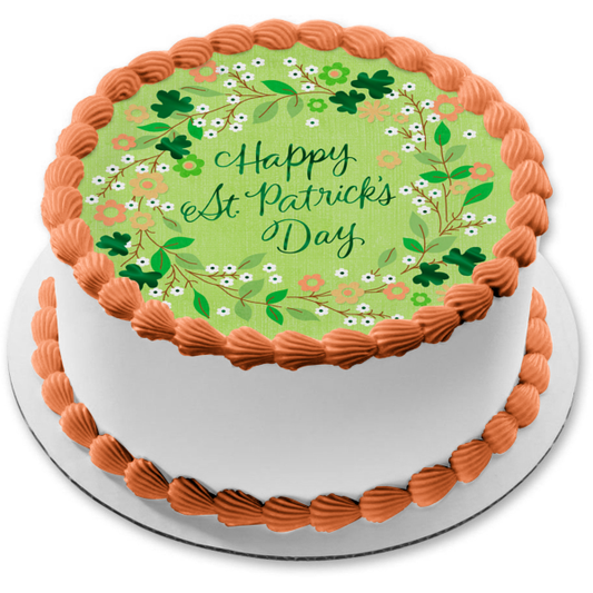 Feliz día de San Patricio, flores y tréboles de 4 hojas, decoración comestible para tarta, imagen ABPID57013 