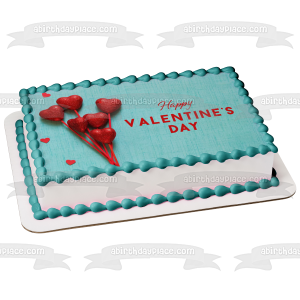 Happy Valentine's Day Red Heart Balloons Edible Cake Topper Image ABPID56998
