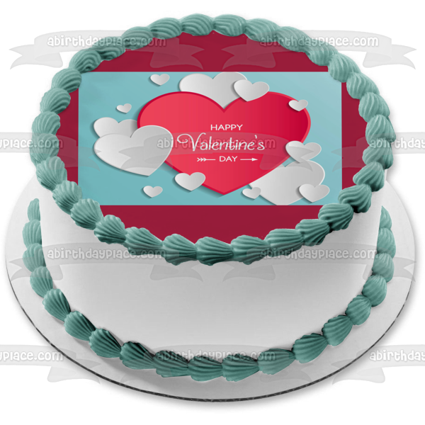 Happy Valentine's Day Pink and White Hearts Edible Cake Topper Image ABPID57016