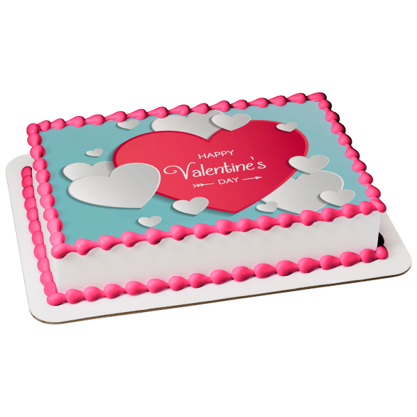 Happy Valentine's Day Pink and White Hearts Edible Cake Topper Image ABPID57016