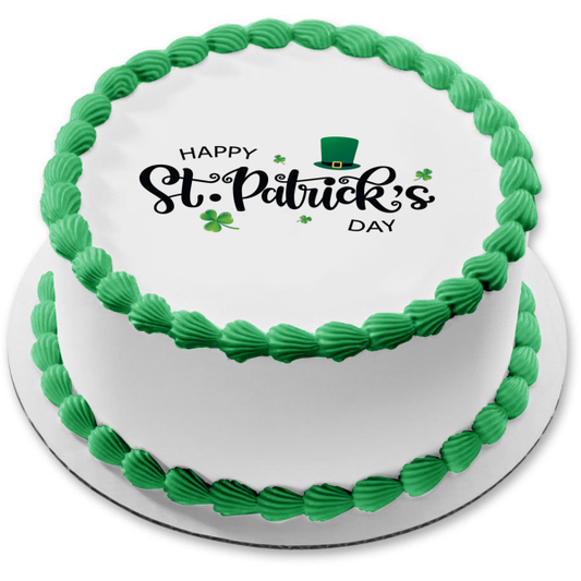 Feliz día de San Patricio, sombrero de duende, tréboles, decoración comestible para tarta, imagen ABPID57005 