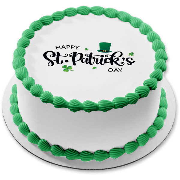 Happy St. Patrick's Day Leprechaun Hat Clovers Edible Cake Topper Image ABPID57005