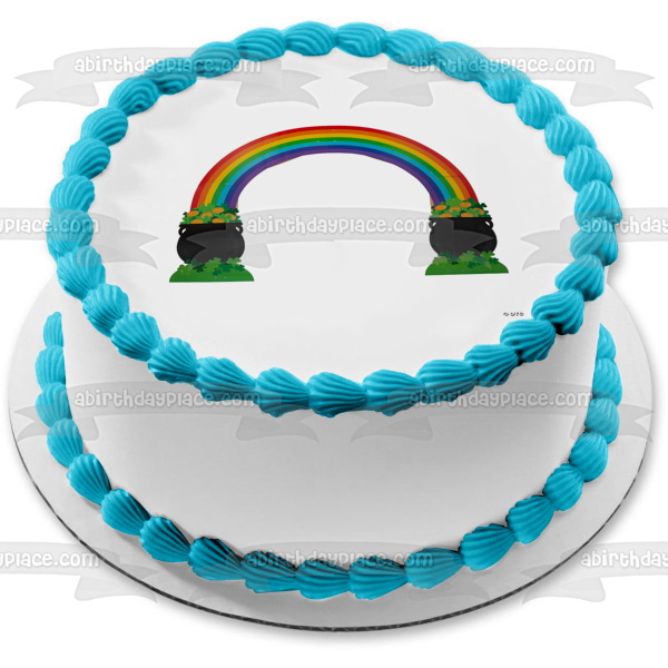 Feliz día de San Patricio o Mardi Gras Arco iris con una olla de oro Imagen comestible para decoración de pastel ABPID57024 