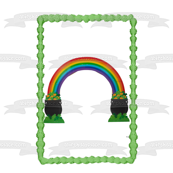 Feliz día de San Patricio o Mardi Gras Arco iris con una olla de oro Imagen comestible para decoración de pastel ABPID57024 