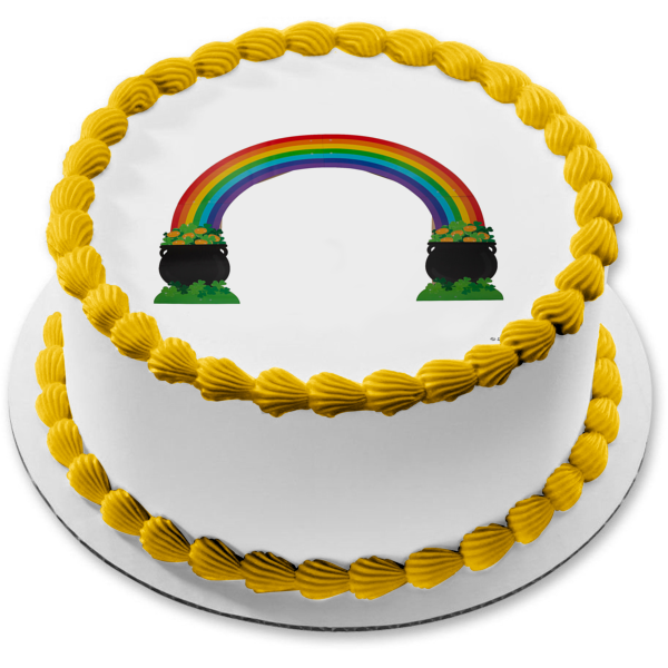 Feliz día de San Patricio o Mardi Gras Arco iris con una olla de oro Imagen comestible para decoración de pastel ABPID57024 