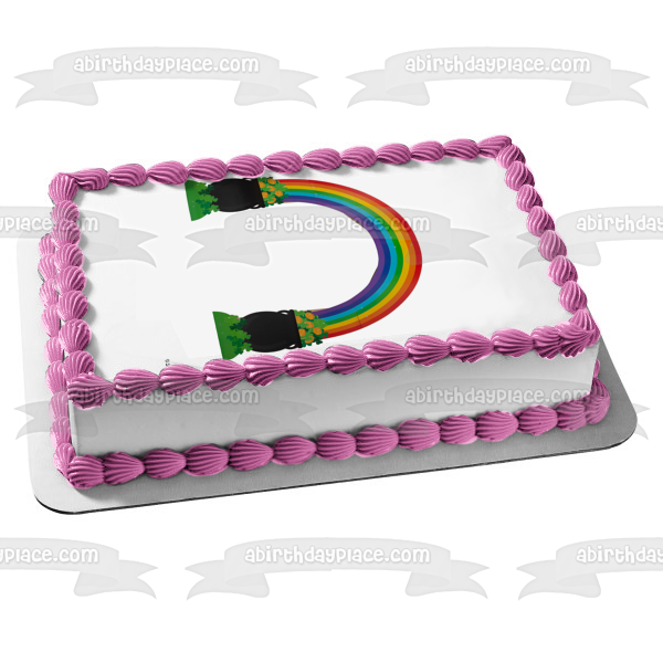 Feliz día de San Patricio o Mardi Gras Arco iris con una olla de oro Imagen comestible para decoración de pastel ABPID57024 