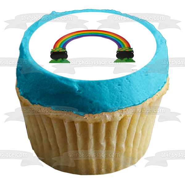 Feliz día de San Patricio o Mardi Gras Arco iris con una olla de oro Imagen comestible para decoración de pastel ABPID57024 