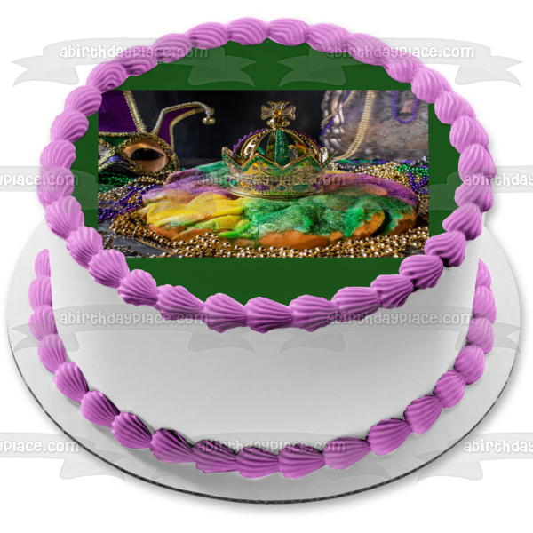 Happy Mardi Gras - Adorno comestible para tarta con corona y máscara facial, cuentas coloridas, imagen ABPID57028 