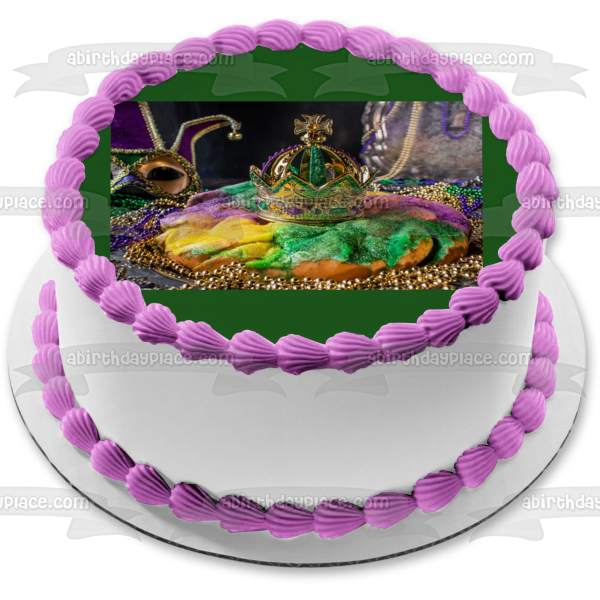 Happy Mardi Gras Colorful  Beads Crown and Face Mask Edible Cake Topper Image ABPID57028