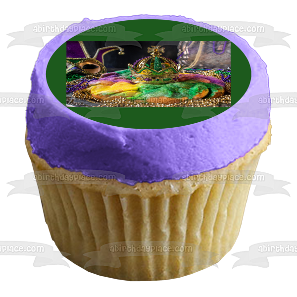 Happy Mardi Gras - Adorno comestible para tarta con corona y máscara facial, cuentas coloridas, imagen ABPID57028 