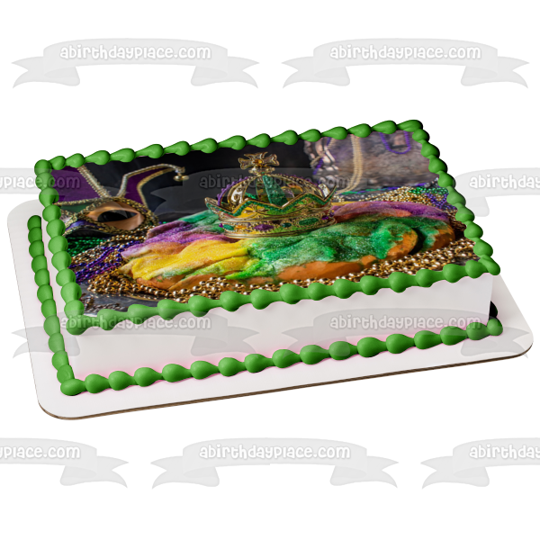 Happy Mardi Gras - Adorno comestible para tarta con corona y máscara facial, cuentas coloridas, imagen ABPID57028 