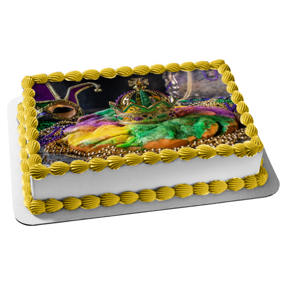 Happy Mardi Gras - Adorno comestible para tarta con corona y máscara facial, cuentas coloridas, imagen ABPID57028 