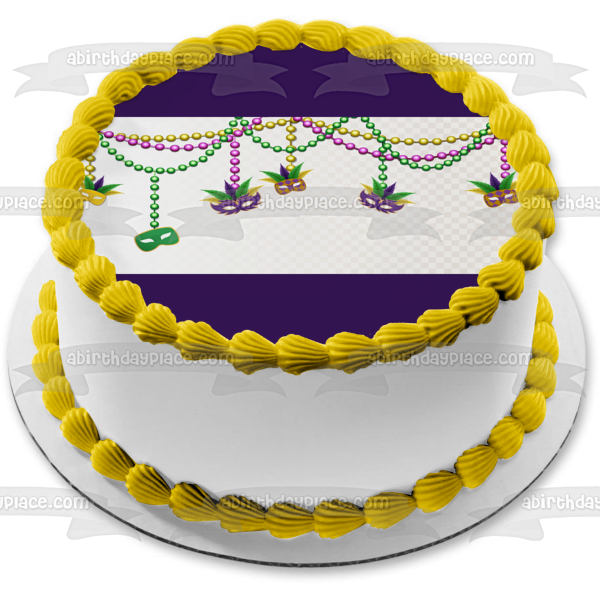 Happy Mardi Gras Colorful Masks and Beads Edible Cake Topper Image ABPID57030