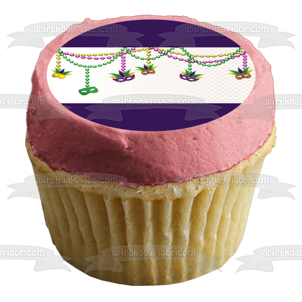 Happy Mardi Gras Colorful Masks and Beads Edible Cake Topper Image ABPID57030