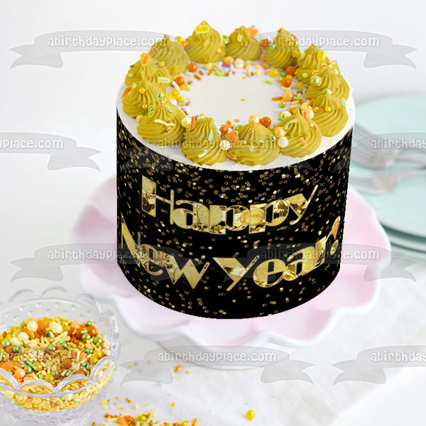 Happy New Year! Gold Glitter Edible Cake Topper Image ABPID53157