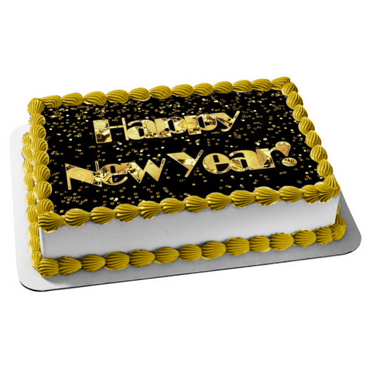 Happy New Year! Gold Glitter Edible Cake Topper Image ABPID53157