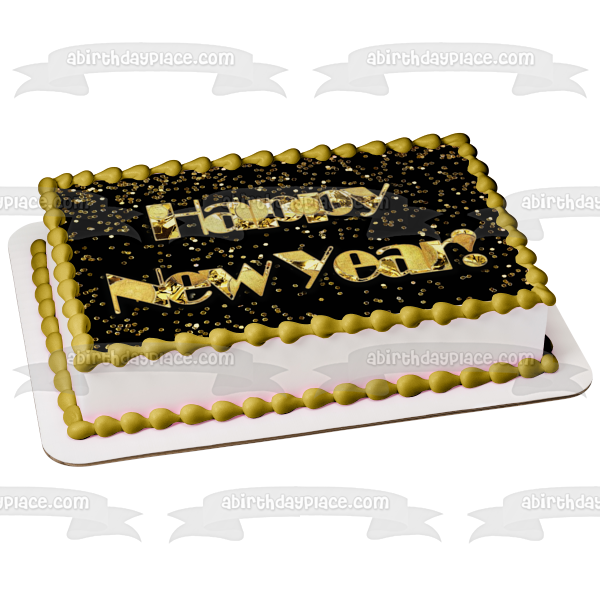 Happy New Year! Gold Glitter Edible Cake Topper Image ABPID53157