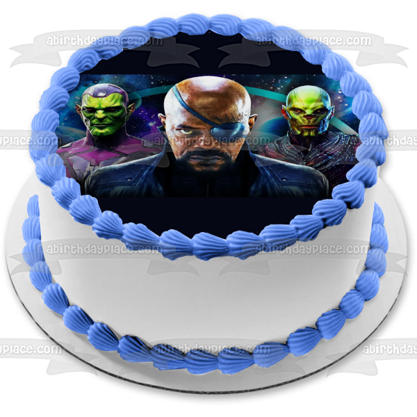 Secret Invasion Nick Fury Talos and Gravick In Outer Space Edible Cake Topper Image ABPID57034