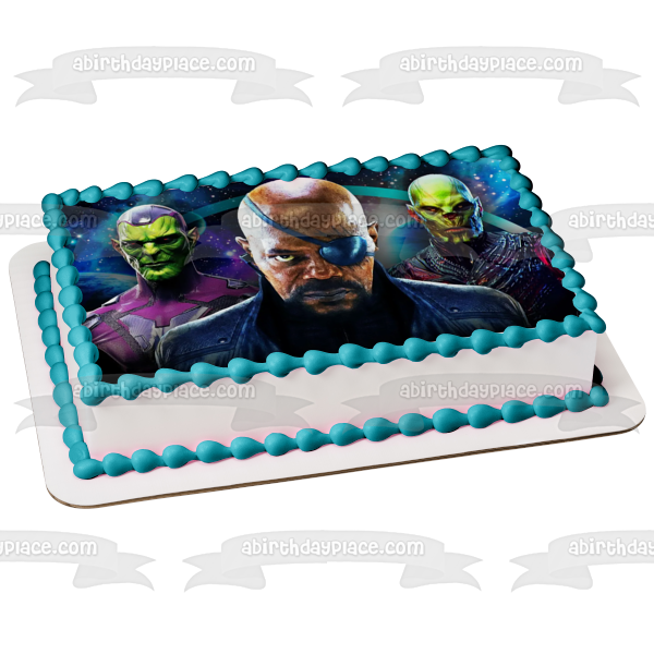 Secret Invasion Nick Fury Talos and Gravick In Outer Space Edible Cake Topper Image ABPID57034