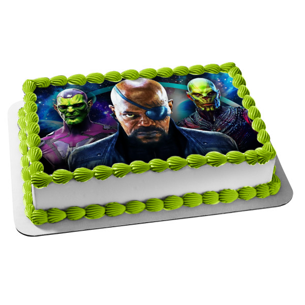 Secret Invasion Nick Fury Talos and Gravick In Outer Space Edible Cake Topper Image ABPID57034