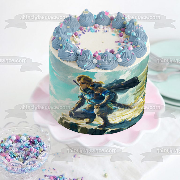 The Legend of Zelda: Tears of the Kingdom Link on a Mountain Top Edible Cake Topper Image ABPID57054
