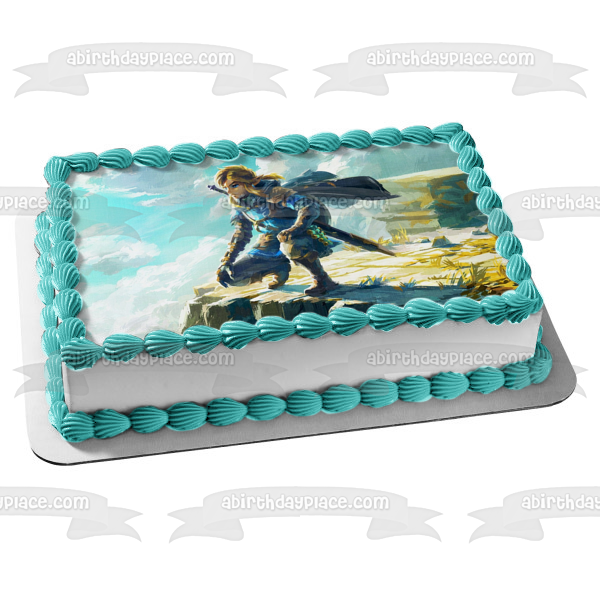The Legend of Zelda: Tears of the Kingdom Link on a Mountain Top Edible Cake Topper Image ABPID57054