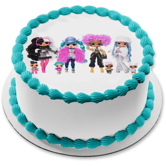 Jajaja ¡Sorpresa! Omg Winter Disco Dolls Cosmic Nova Dollie 24k DJ y Crystal Star y Thier Sister Dolls Edible Cake Topper Imagen ABPID57094 