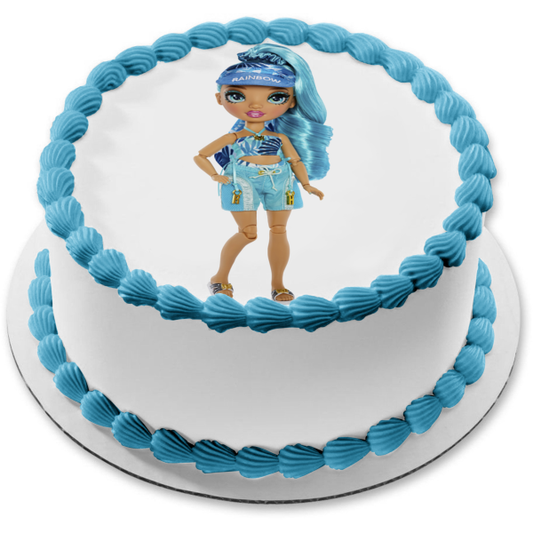 Adorno comestible para tarta con diseño de muñeca Hali Capri de la costa del Pacífico, arcoíris, imagen ABPID57115 