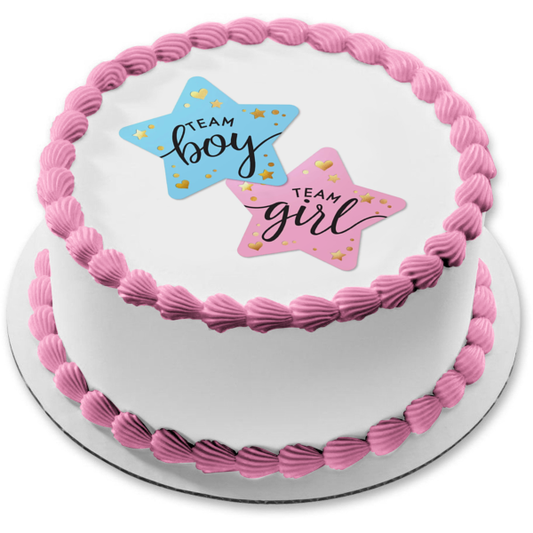 Decoración comestible para tarta con estrellas y corazones, equipo de fiesta de revelación de género, chico o chica del equipo, imagen ABPID57204 