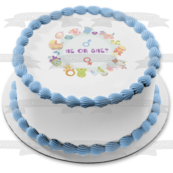 Él o ella Género Reveal Cochecito Onsie Pañal Edible Cake Topper Imagen ABPID57220 