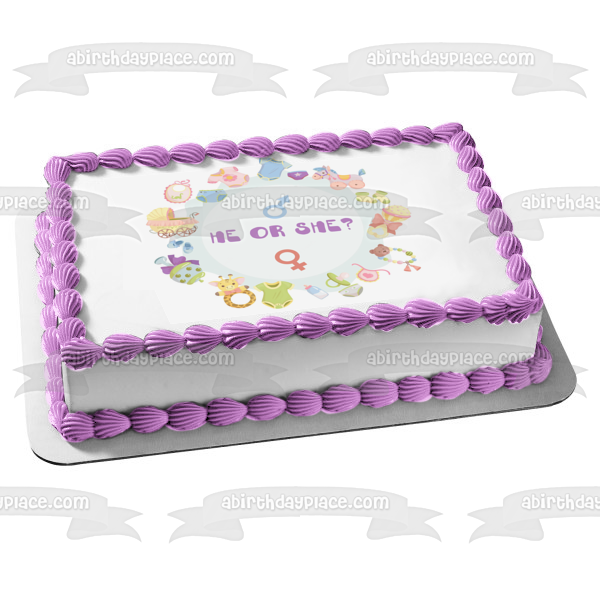 Él o ella Género Reveal Cochecito Onsie Pañal Edible Cake Topper Imagen ABPID57220 