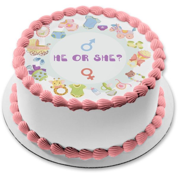 Él o ella Género Reveal Cochecito Onsie Pañal Edible Cake Topper Imagen ABPID57220 