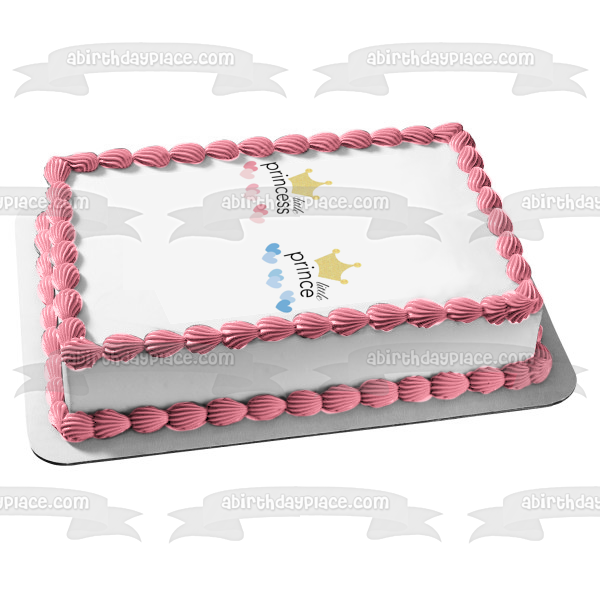 Gender Reveal Party Little Princess or Little Prince Crowns and Hearts Edible Cake Topper Image ABPID57221