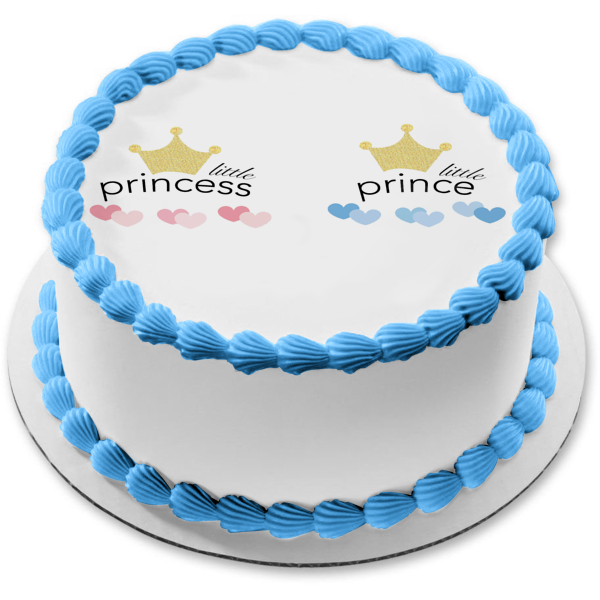 Gender Reveal Party Little Princess or Little Prince Crowns and Hearts Edible Cake Topper Image ABPID57221