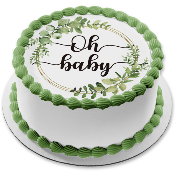 Baby Shower Oh Baby Green Flowers Edible Cake Topper Image