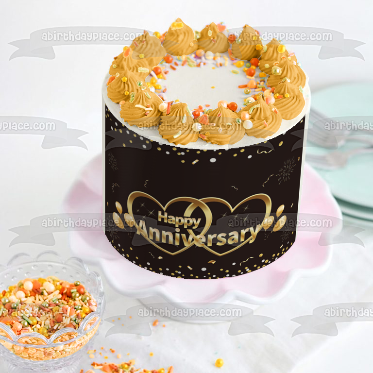Happy Anniversary Gold Hearts Fireworks and Balloons Edible Cake Topper Image ABPID57224