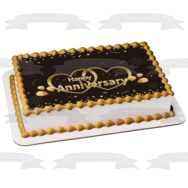 Happy Anniversary Gold Hearts Fireworks and Balloons Edible Cake Topper Image ABPID57224