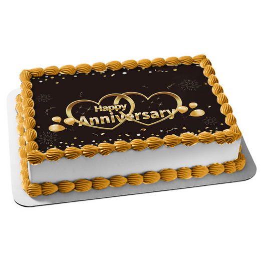 Happy Anniversary Gold Hearts Fireworks and Balloons Edible Cake Topper Image ABPID57224
