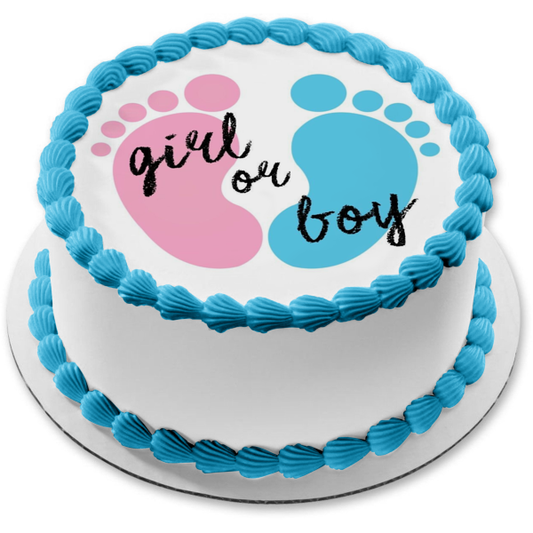Gender Reveal Party Girl or Boy Pink and Blue Baby Footprints Edible Cake Topper Image ABPID57209