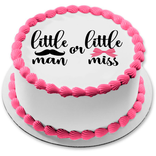 Imagen de adorno comestible para tarta con revelación de género de hombrecito o señorita con bigote y lazo rosa ABPID57210 