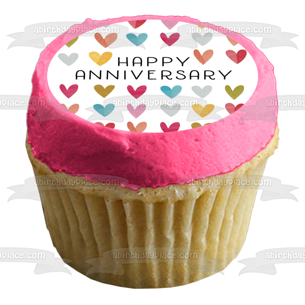 Happy Anniversary Colorful Hearts Edible Cake Topper Image ABPID57228