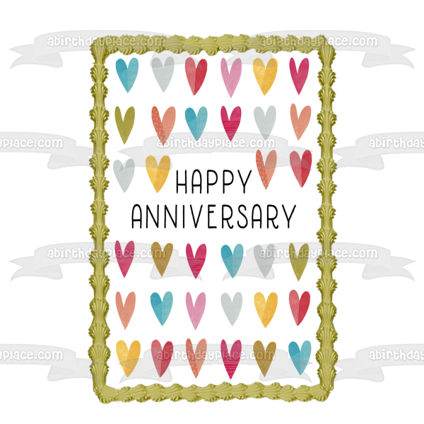 Happy Anniversary Colorful Hearts Edible Cake Topper Image ABPID57228